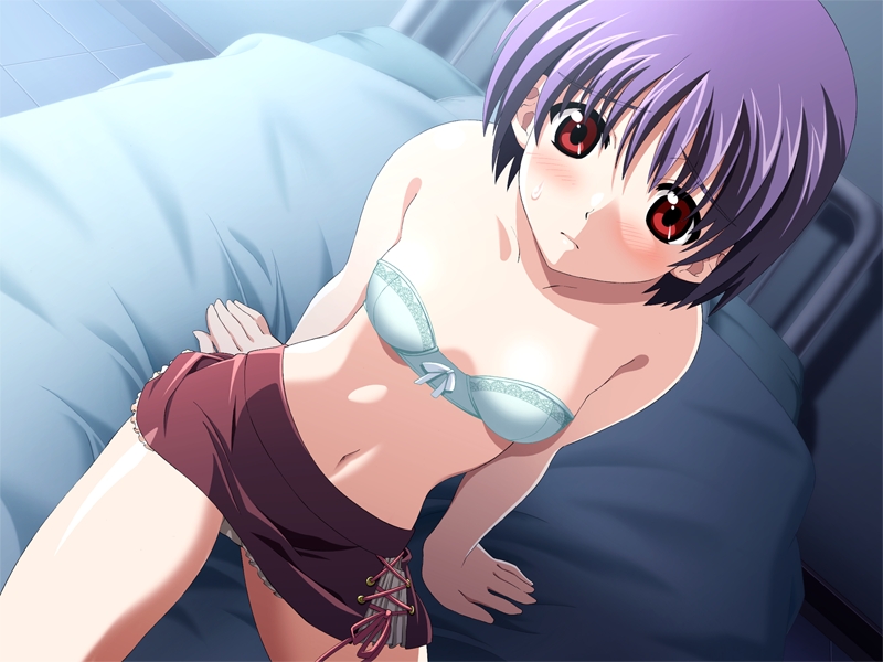 1girl bed blush bra edelweiss edelweiss_eiden_fantasia game_cg purple_hair red_eyes takase_sakura underwear