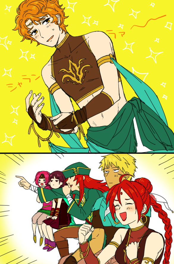 3boys 3girls artur_(fire_emblem) bare_shoulders blonde_hair braid braided_ponytail cheering cormag_(fire_emblem) cosplay crossdressing dancer earrings fire_emblem fire_emblem:_the_sacred_stones high_ponytail hoop_earrings jewelry joshua_(fire_emblem) lute_(fire_emblem) multiple_boys multiple_girls neimi_(fire_emblem) nintendo orange_hair pink_eyes ponytail purple_hair red_hair saichi_(meme+) surprised tethys_(fire_emblem) tethys_(fire_emblem)_(cosplay) wide-eyed