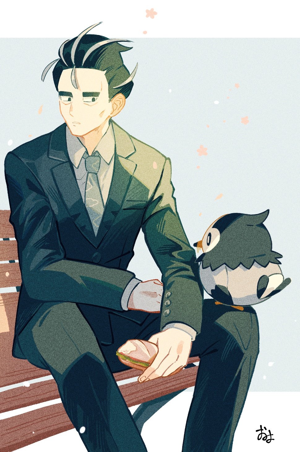 1boy bench black_eyes black_hair black_jacket black_pants black_suit bread collared_shirt commentary_request food formal_clothes gen_4_pokemon highres holding holding_food jacket larry_(pokemon) long_sleeves looking_down male_focus multicolored_hair necktie nintendo omyo_(myomyomyo22) pants parted_lips pokemon pokemon_(creature) pokemon_on_leg pokemon_sv sandwich shirt short_hair signature sitting starly suit white_shirt