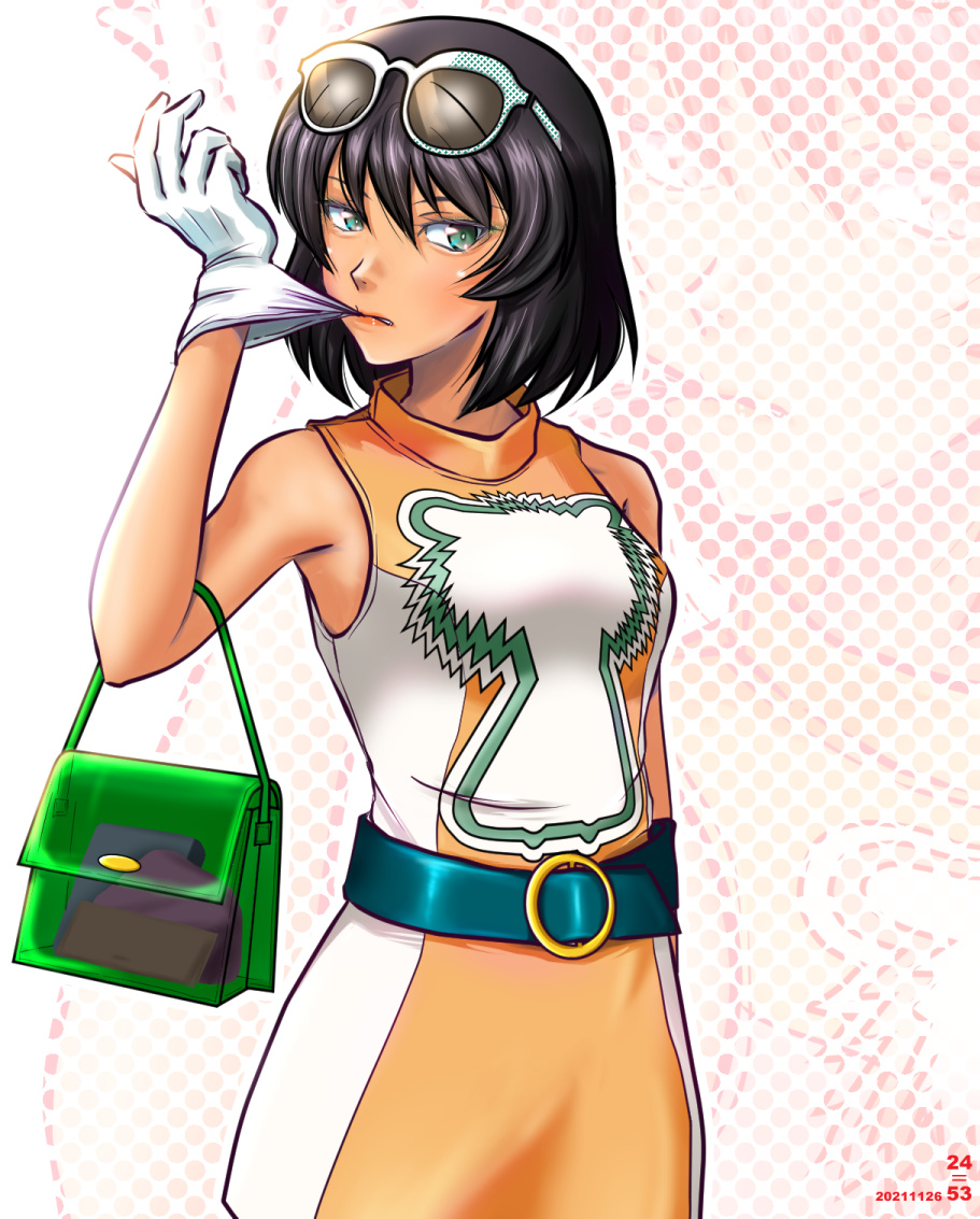 1girl animal_print artist_logo bag belt black_belt black_hair bob_cut carrying commentary cowboy_shot dark-skinned_female dark_skin dated elbow_carry eyewear_on_head girls_und_panzer glove_pull gloves green-framed_eyewear green_eyes handbag hoshino_(girls_und_panzer) leopon_(animal) logo looking_at_viewer miniskirt mouth_hold nishi_itsumi orange_shirt orange_skirt shirt short_hair skirt sleeveless sleeveless_shirt solo sunglasses white_gloves zoom_layer