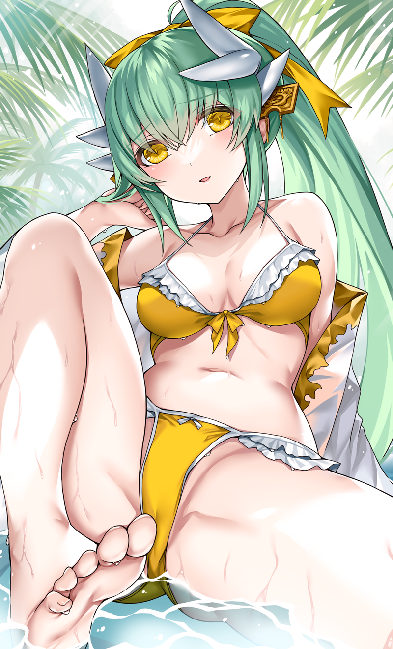 1girl bare_shoulders barefoot bikini blush breasts cleavage collarbone commentary_request dragon_girl dragon_horns fate/grand_order fate_(series) feet green_hair hair_ornament highres horns kiyohime_(fate) large_breasts long_hair long_sleeves looking_at_viewer morizono_shiki navel off_shoulder parted_lips ponytail sitting smile solo stomach swimsuit thighs toes water wet yellow_bikini yellow_eyes