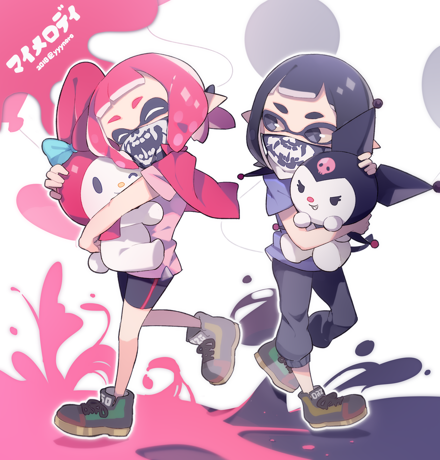 2018 2girls animal animal_hug bandana bandana_over_mouth bike_shorts black_bandana black_eyes black_footwear black_hair black_pants black_shorts captain_yue closed_eyes commentary covered_mouth crossover dated full_body hug inkling inkling_girl inkling_player_character kuromi looking_at_another medium_hair multiple_girls my_melody nintendo outline paint_splatter pants pink_hair pink_shirt pointy_ears print_bandana purple_shirt sanrio shirt shoes short_sleeves shorts skull_print sneakers splatoon_(series) splatoon_2 standing standing_on_one_leg symbol-only_commentary t-shirt tentacle_hair white_outline