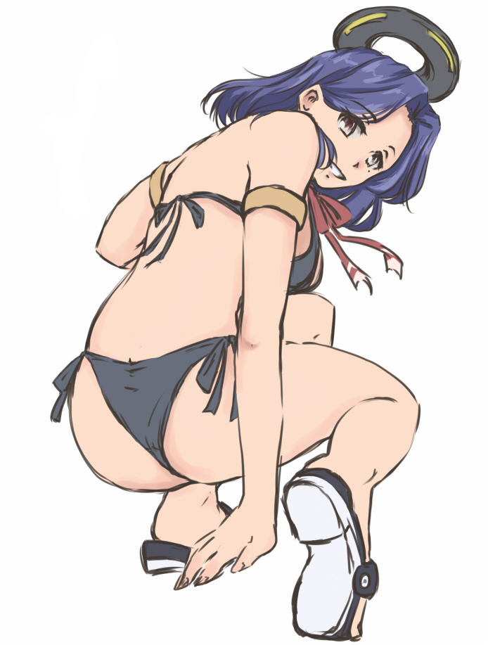 1girl ass bikini bikini_day black_bikini commentary_request full_body halo kantai_collection looking_at_viewer looking_back masamori_ikemo mechanical_halo parted_lips purple_eyes purple_hair sandals short_hair side-tie_bikini_bottom simple_background solo swimsuit tatsuta_(kancolle) tatsuta_(swimsuit)_(kancolle) white_background