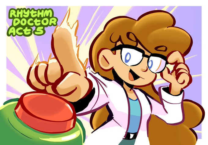 1girl ada_paige blue_eyes blue_shirt brown_hair doctor dvdfu glasses green_pants lab_coat long_hair pants pinching_gesture pressing_button red_button rhythm_doctor shirt