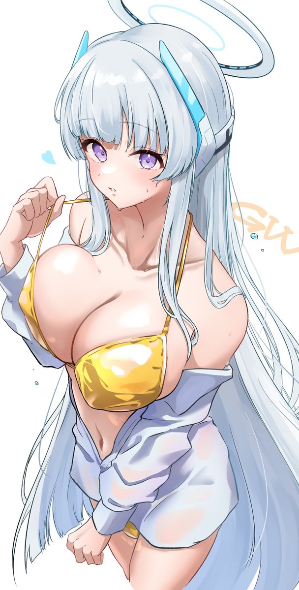 1girl bikini blue_archive blunt_bangs breasts cleavage collarbone gold_bikini golden_week halo large_breasts long_hair looking_at_viewer mechanical_halo navel noa_(blue_archive) off_shoulder ogura_toast open_clothes open_shirt partially_unbuttoned purple_eyes satin_bikini shiny_swimsuit solo strap_pull string_bikini swimsuit white_hair white_halo