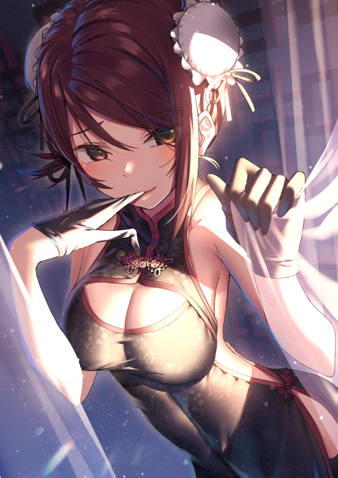1girl armpit_crease bare_arms bare_shoulders biting black_dress black_gloves breasts brown_eyes bun_cover china_dress chinese_clothes cleavage cleavage_cutout clothing_cutout cowboy_shot curtains double_bun dress biting_glove gloves hair_bun holding looking_at_viewer love_live! love_live!_sunshine!! medium_breasts nagareboshi pelvic_curtain red_hair sakurauchi_riko short_hair sidelocks sleeveless sleeveless_dress solo