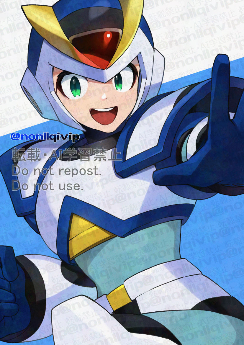 1boy android armor blue_background blue_helmet clenched_hand cowboy_shot first_armor_x_(mega_man) forehead_jewel green_eyes helmet male_focus mega_man_(series) mega_man_x1 mega_man_x_(series) shoulder_armor simple_background solo white_armor white_background white_helmet x_(mega_man) yamanashi_taiki