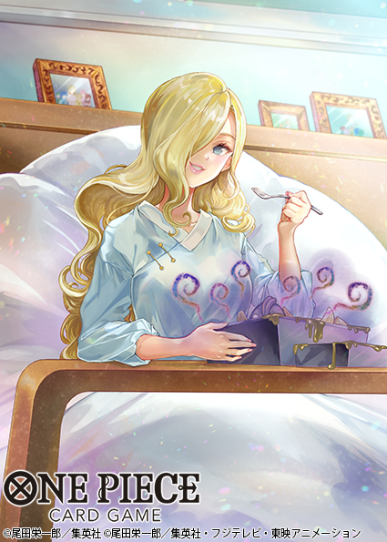 1girl bad_food blonde_hair blue_dress blue_eyes commentary_request copyright_name dress fork hair_over_one_eye holding holding_fork long_hair looking_at_viewer official_art on_bed one_piece one_piece_card_game picture_frame pink_lips pisuke plate smile solo vinsmoke_sora wavy_ends