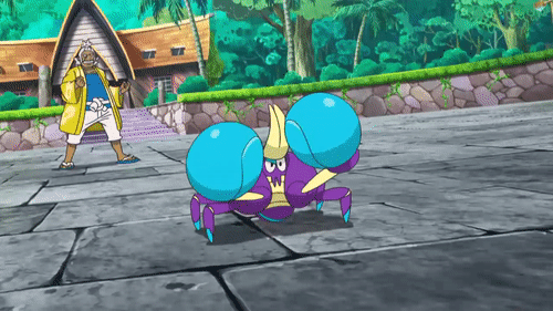 1boy animated animated_gif crab crabrawler gen_7_pokemon grey_hair hala_(pokemon) lowres nintendo pokemon pokemon_(anime) pokemon_sm pokemon_sm_(anime) punching