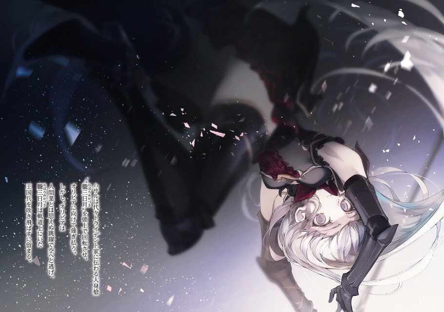 1girl black_thighhighs blurry blurry_foreground cierra_(ra-bit) floating_hair gauntlets grey_background grey_eyes grey_shirt long_hair looking_at_viewer miniskirt novel_illustration official_art olivia_valedstorm pleated_skirt red_skirt shinigami_ni_sodaterareta_shoujo_wa_shikkoku_no_ken_wo_mune_ni_idaku shirt silver_hair skirt sleeveless sleeveless_shirt solo thighhighs very_long_hair