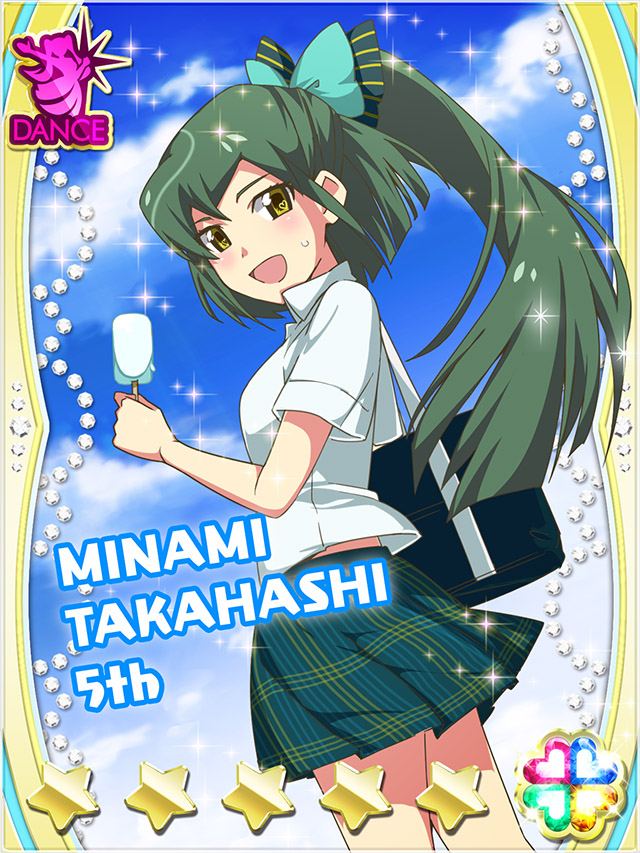 1girl :d akb0048 aqua_bow bag blue_sky bow card_(medium) character_name collared_shirt cowboy_shot food from_side green_bow green_hair green_skirt hair_bow heart high_ponytail holding holding_bag holding_food holding_ice_cream ice_cream ice_cream_bar long_hair looking_at_viewer miniskirt non-web_source official_art open_mouth outdoors plaid_clothes plaid_skirt pleated_skirt ponytail school_uniform shirt short_sleeves shoulder_bag skirt sky smile solo sparkle standing star_(symbol) sweat takahashi_minami_(akb0048) white_shirt yellow_eyes