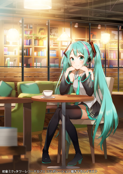 1girl aqua_eyes aqua_hair aqua_necktie black_boots black_skirt black_thighhighs blush book bookshelf boots chair couch cup cushion detached_sleeves female_focus full_body hands_on_own_cheeks hands_on_own_face hanging_light hatsune_miku head_rest headphones indoors knees_together_feet_apart long_hair long_sleeves necktie pigeon-toed pleated_skirt saucer shirt sitting skirt sleeveless sleeveless_shirt smile solo table teacup thigh_boots thighhighs twintails very_long_hair vocaloid watermark white_shirt wooden_floor yuzuki_kihiro zettai_ryouiki