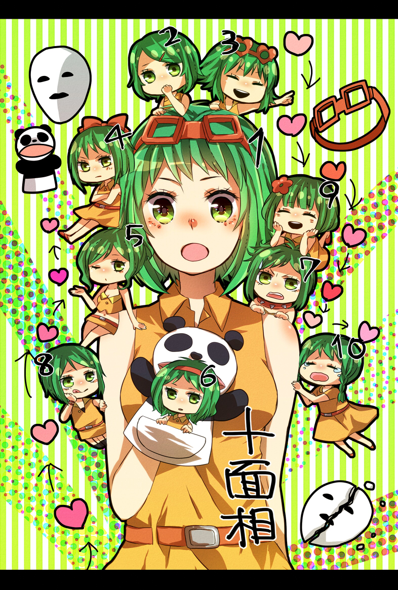 6+girls ^_^ alternate_hairstyle black_legwear bob_cut braid breasts broken_mask chise_(choco529) chitose cleavage closed_eyes green_eyes green_hair gumi hand_to_own_mouth heart juu_mensou_(vocaloid) mask mini_person minigirl miniskirt multiple_girls multiple_persona one_eye_closed parted_bangs ponytail puppet short_hair skirt swept_bangs thighhighs twin_braids vocaloid wink