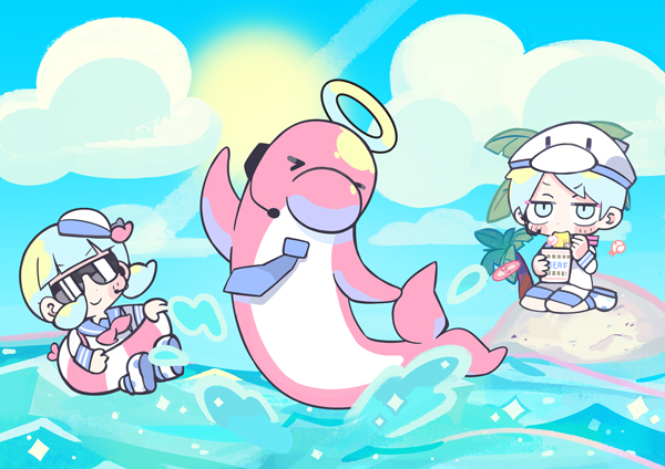 &gt;_&lt; 1boy 1girl animal_hat black_headphones blue_eyes blue_hair blue_necktie blue_sailor_collar blue_sky blunt_bangs blush_stickers boots character_request chopsticks closed_mouth cloud collared_shirt commentary_request copyright_request cup day deformed dolphin duck_hat eating halo hat hat_ribbon headpiece holding holding_chopsticks holding_cup innertube island kneeling long_sleeves low_twintails mini_hat neckerchief necktie nissin_cup_noodle ocean outdoors palm_tree polka_dot_footwear red_neckerchief red_ribbon ribbon sailor sailor_collar sailor_hat sailor_shirt shirt short_hair short_twintails shorts sky smile sparkle splashing sun sunglasses swim_ring terada_tera tree twintails v-shaped_eyebrows white_footwear white_headwear white_shirt white_shorts white_sleeves yellow_halo