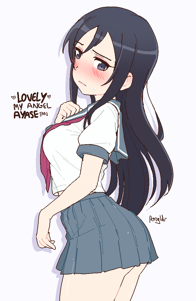 1girl aragaki_ayase ass black_hair blue_eyes blush hair_between_eyes kousaka_kirino&#039;s_school_uniform lips long_hair midriff midriff_peek ore_no_imouto_ga_konna_ni_kawaii_wake_ga_nai pleated_skirt pongldr school_uniform serafuku signature simple_background skirt sweat white_background