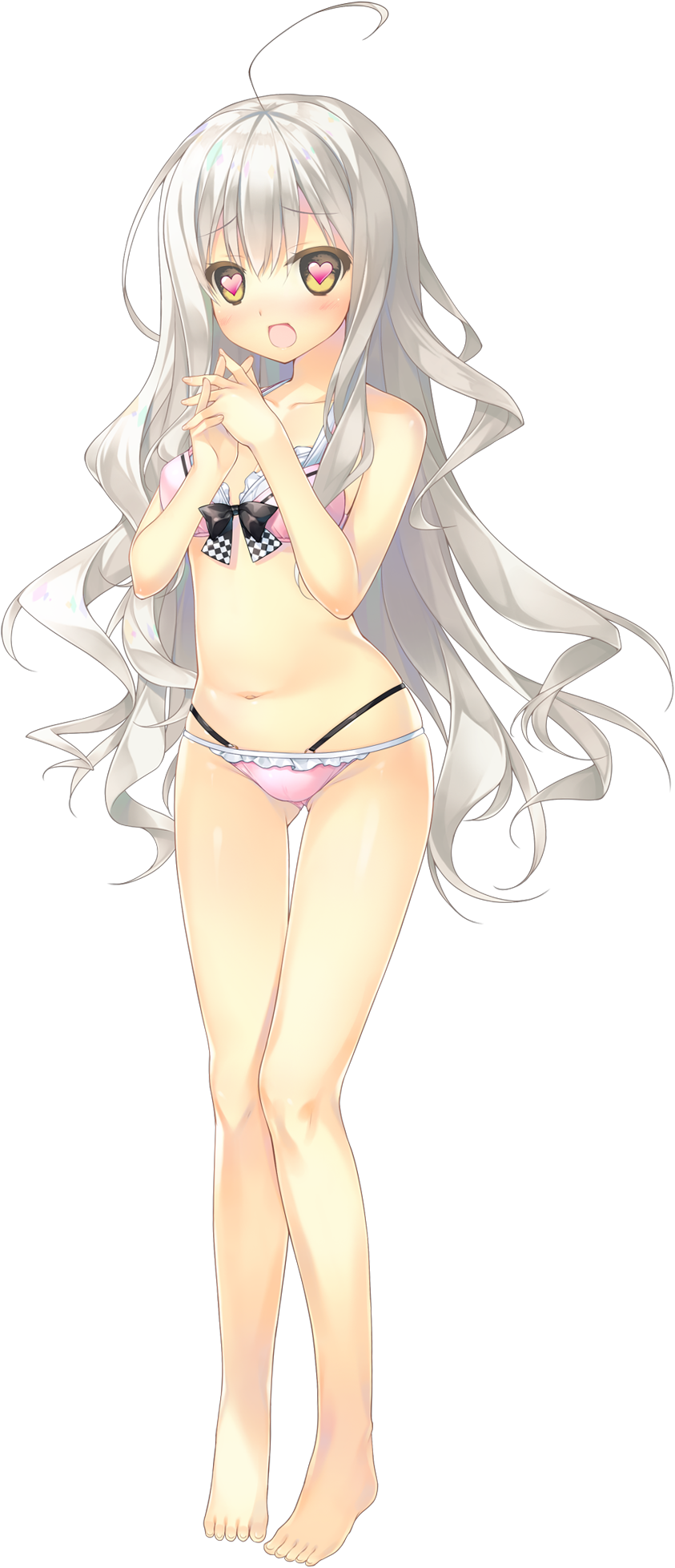 1girl ahoge ashishun barefoot bikini blush bow bow_bikini feet female_focus full_body gluteal_fold heart heart-shaped_pupils highres long_hair misuzu_sasa navel official_art open_mouth ouchi_ni_kaeru_made_ga_mashimaro_desu own_hands_together pink_bikini solo standing swimsuit symbol-shaped_pupils toes transparent_background white_hair yellow_eyes