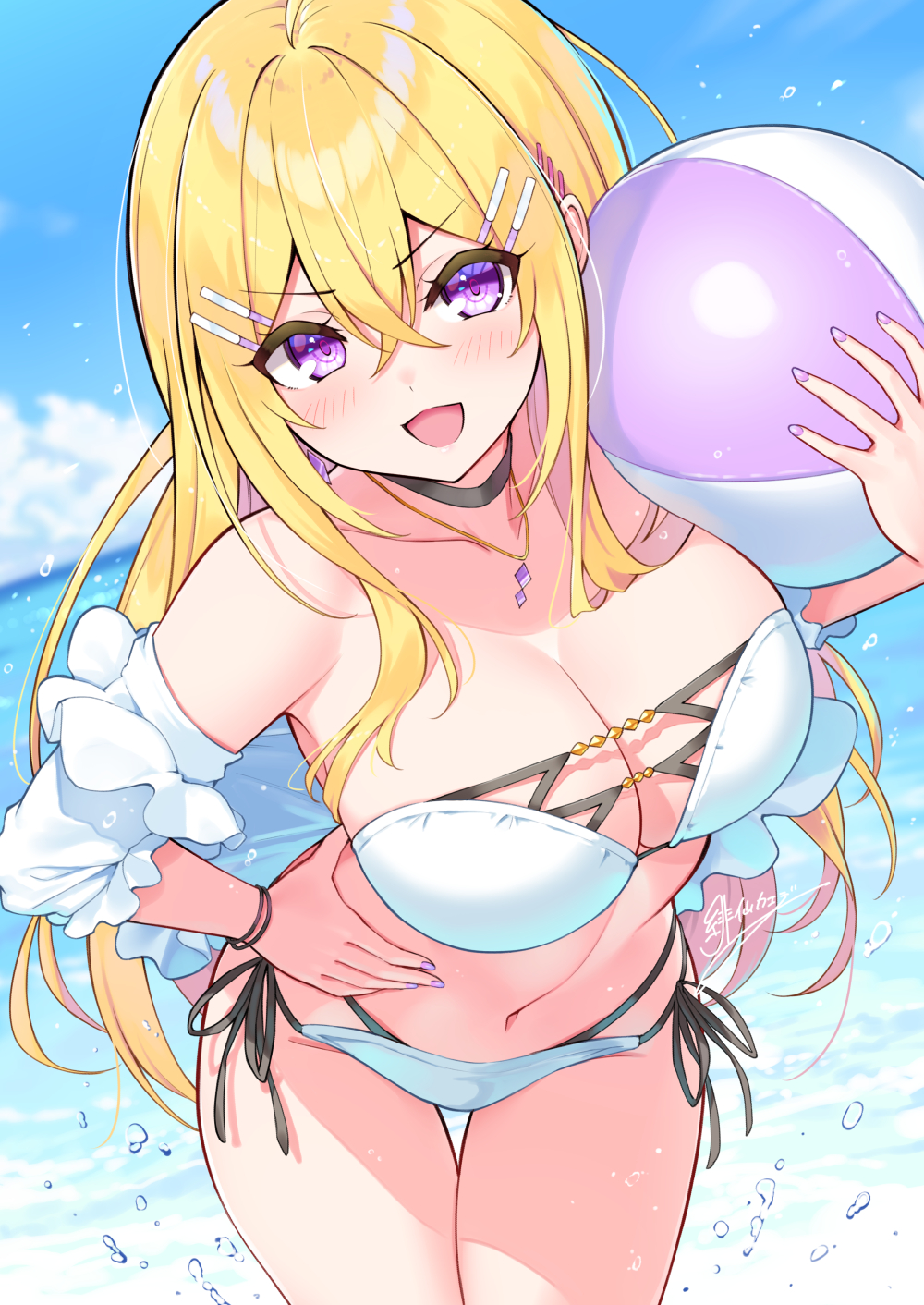 1girl ball bare_shoulders beachball bikini black_choker blonde_hair blush breasts choker cleavage collar detached_sleeves hair_ornament hairclip hands_on_own_hips highres hisen_kaede holding holding_ball holding_beachball large_breasts long_hair looking_at_viewer navel ocean open_mouth original outdoors purple_eyes side-tie_bikini_bottom smile solo swimsuit white_bikini