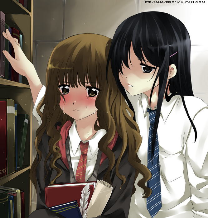 2girls ana_c._sanchez animification arm_up black_eyes black_hair blanket blue_neckwear blush book bookshelf brown_eyes brown_hair carrying cho_chang closed_mouth crying hair_ornament hair_over_one_eye hairclip half-closed_eyes hand_up harry_potter_(series) height_difference hermione_granger hogwarts_school_uniform hogwarts_uniform holding holding_book hood hood_down indoors leaning long_hair long_sleeves looking_to_the_side matching_hair/eyes multiple_girls necktie parchment quill quilt red_neckwear robe school_uniform shaded_face shirt standing tears textbook upper_body wall watermark web_address white_shirt wizarding_world yuri