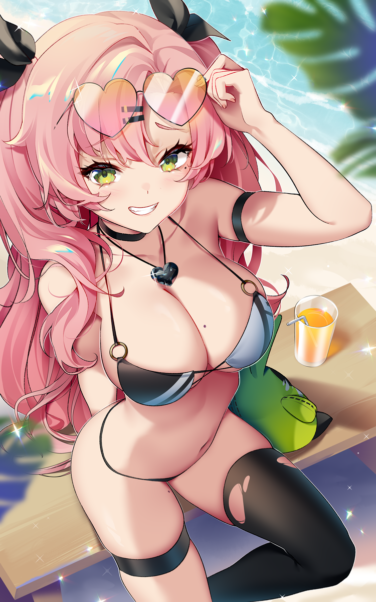 1girl adjusting_eyewear bikini black_bikini black_choker black_ribbon black_thighhighs breasts choker cup day drink drinking_glass drinking_straw eyewear_lift eyewear_on_head feet_out_of_frame glint green_eyes grin hair_between_eyes hair_ornament hair_ribbon hairclip halterneck hand_on_eyewear heart heart-shaped_eyewear heart_necklace highres jewelry large_breasts long_hair looking_at_viewer mole mole_on_breast mole_on_thigh mole_under_eye navel necklace nicole_demara o-ring o-ring_bikini o-ring_top on_bench outdoors palm_leaf pink_hair ribbon rimuu single_thighhigh sitting smile solo string_bikini sunglasses swimsuit thigh_strap thighhighs tinted_eyewear torn_clothes torn_thighhighs two_side_up very_long_hair water zenless_zone_zero