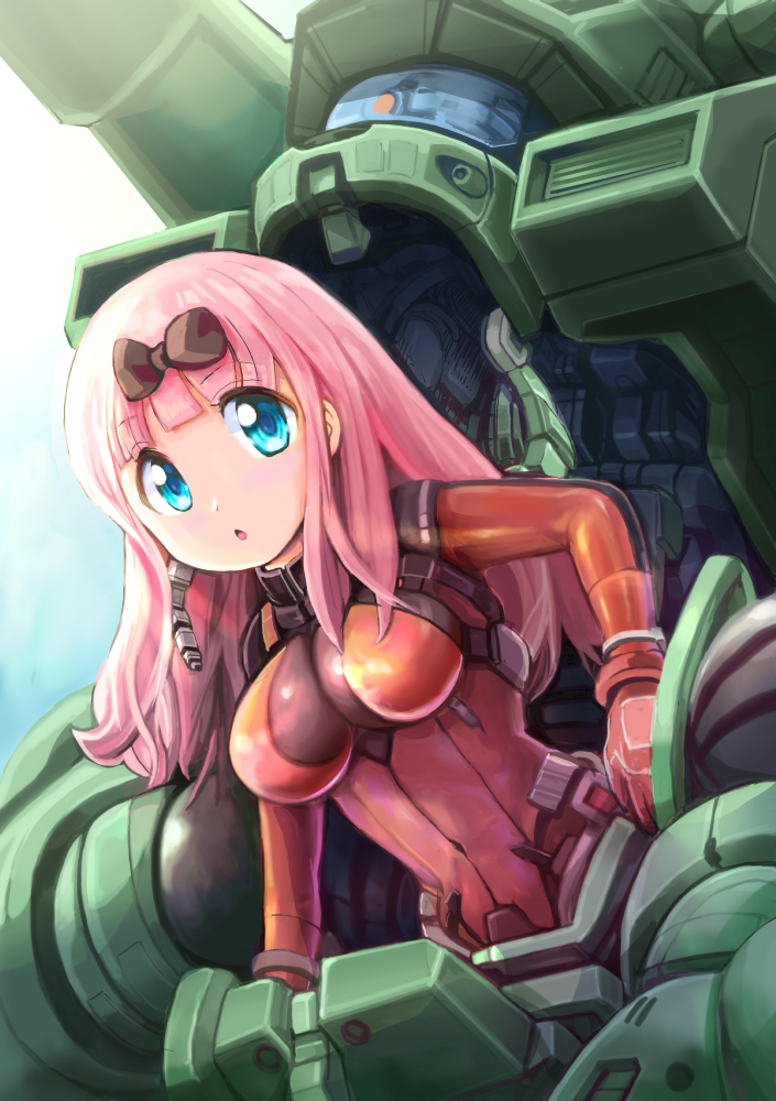 1girl armor blue_eyes bodysuit breasts commentary_request daicon fujiwara_chika hair_ribbon headgear helmet kaguya-sama_wa_kokurasetai_~tensai-tachi_no_renai_zunousen~ long_hair machinery mecha medium_breasts menome mobile_infantry open_hatch open_mouth pilot pilot_suit pink_hair power_armor ribbon robot science_fiction shoulder_cannon sketch skin_tight soldier solo space_marine starship_troopers surprised uchuu_no_senshi undressing unworn_headwear unworn_helmet upper_body