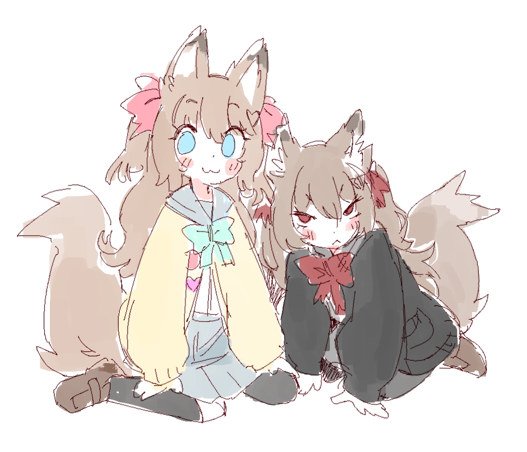 2girls :&lt; :3 alternate_animal_ears animal_ears aqua_bow aqua_bowtie aqua_eyes black_cardigan black_skirt blue_sailor_collar blue_skirt blush bow bowtie cardigan closed_mouth evil_neuro-sama fox_ears fox_tail indie_virtual_youtuber long_sleeves looking_at_viewer multiple_girls neuro-sama pasharuu pink_bow pink_bowtie puffy_long_sleeves puffy_sleeves red_eyes sailor_collar simple_background sitting skirt smile tail virtual_youtuber white_background yellow_cardigan
