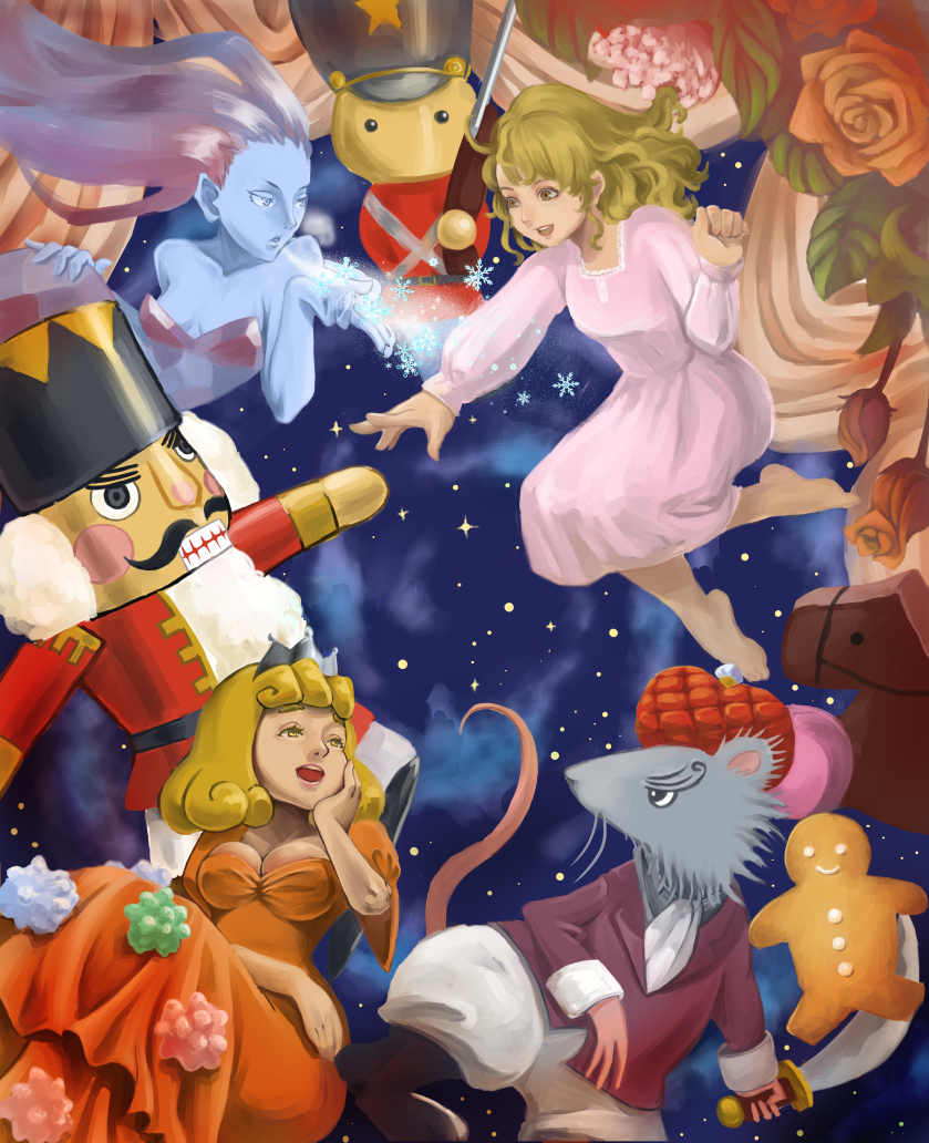 3girls 93tmnatsuki :d bad_id bad_pixiv_id barefoot blue_skin brown_hair child clara_drosselmeyer colored_skin crown dress flower gingerbread_man mouse_(animal) multiple_girls nightgown nutcracker open_mouth orange_dress scimitar sky smile snowflakes star_(sky) starry_sky sword the_nutcracker toy_soldier weapon yuki_onna