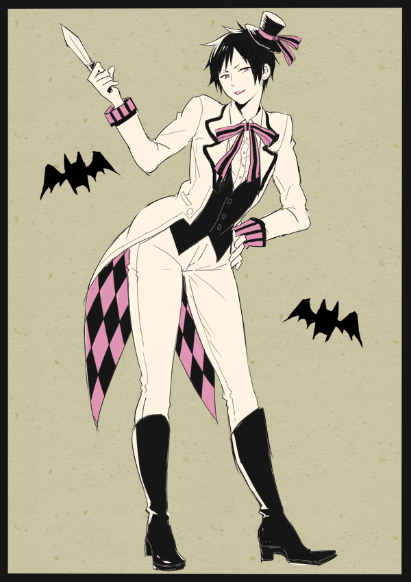 1boy alternate_costume bat_(animal) black_border black_hair boots border clairon commentary_request durarara!! full_body green_background halloween hand_on_own_hip hand_up hat jacket knee_boots knife limited_palette long_sleeves looking_at_viewer male_focus mini_hat mini_top_hat orihara_izaya pants pink_ribbon red_eyes ribbon shirt short_hair solo standing top_hat tuxedo white_pants