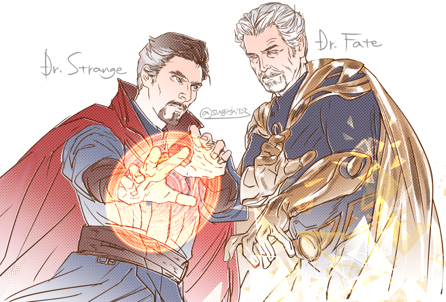 2boys beard black_adam_(movie) blue_eyes bodysuit brown_hair cape character_name commentary_request cowboy_shot dc_comics dc_extended_universe doctor_fate doctor_strange doctor_strange_(series) elbow_gloves eye_contact facial_hair gloves looking_at_another male_focus multiple_boys old old_man red_cape simple_background sugishi125 twitter_username white_background white_hair