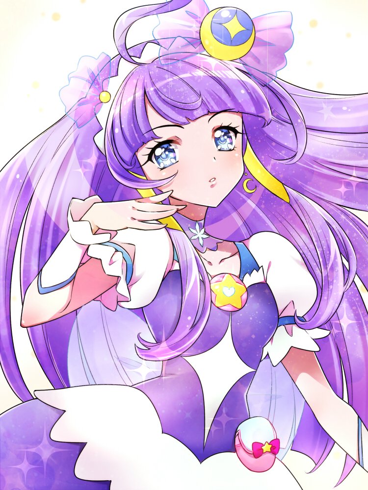 1girl ahoge blue_eyes blunt_bangs bow choker closed_mouth collarbone crescent crescent_earrings cure_selene dress earrings floating_hair hair_ornament hair_tubes jewelry kagami_chihiro kaguya_madoka long_hair looking_at_viewer magical_girl open_mouth parted_lips pink_choker precure puffy_short_sleeves puffy_sleeves purple_choker purple_dress purple_hair short_sleeves smile solo sparkle star_(symbol) star_choker star_hair_ornament star_twinkle_precure upper_body very_long_hair white_background wrist_cuffs