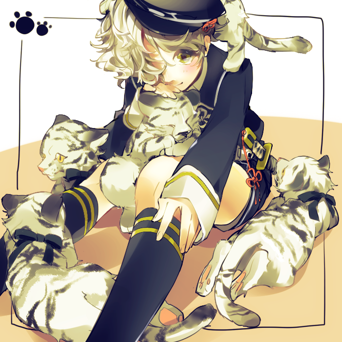 10s 1boy baby_animal blue_legwear gokotai gokotai&#039;s_tigers hair_over_one_eye hat kneehighs male_focus masyu_yuyu military military_uniform short_sword shorts simple_background sitting smile socks sword tantou tiger tiger_cub touken_ranbu weapon white_hair white_tiger yellow_eyes