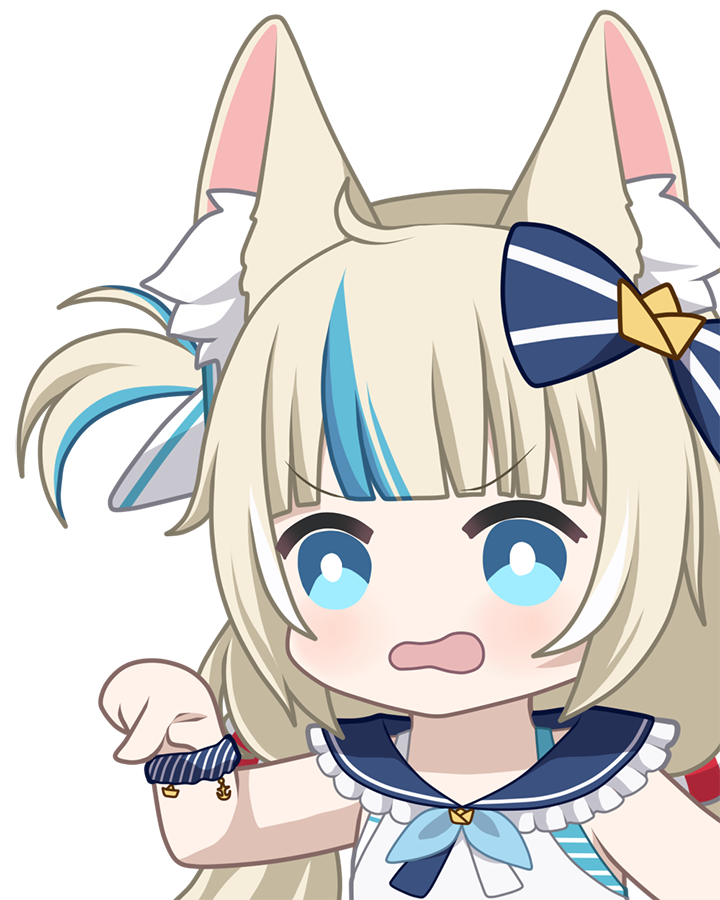 1girl ahoge animal_ear_fluff animal_ears blonde_hair blue_bow blue_eyes blue_hair blue_sailor_collar bow bright_pupils cat_ears chibi hair_bow indie_virtual_youtuber long_hair multicolored_hair open_mouth pointing sailor_collar sameko_saba solo streaked_hair upper_body virtual_youtuber white_pupils zephylyne
