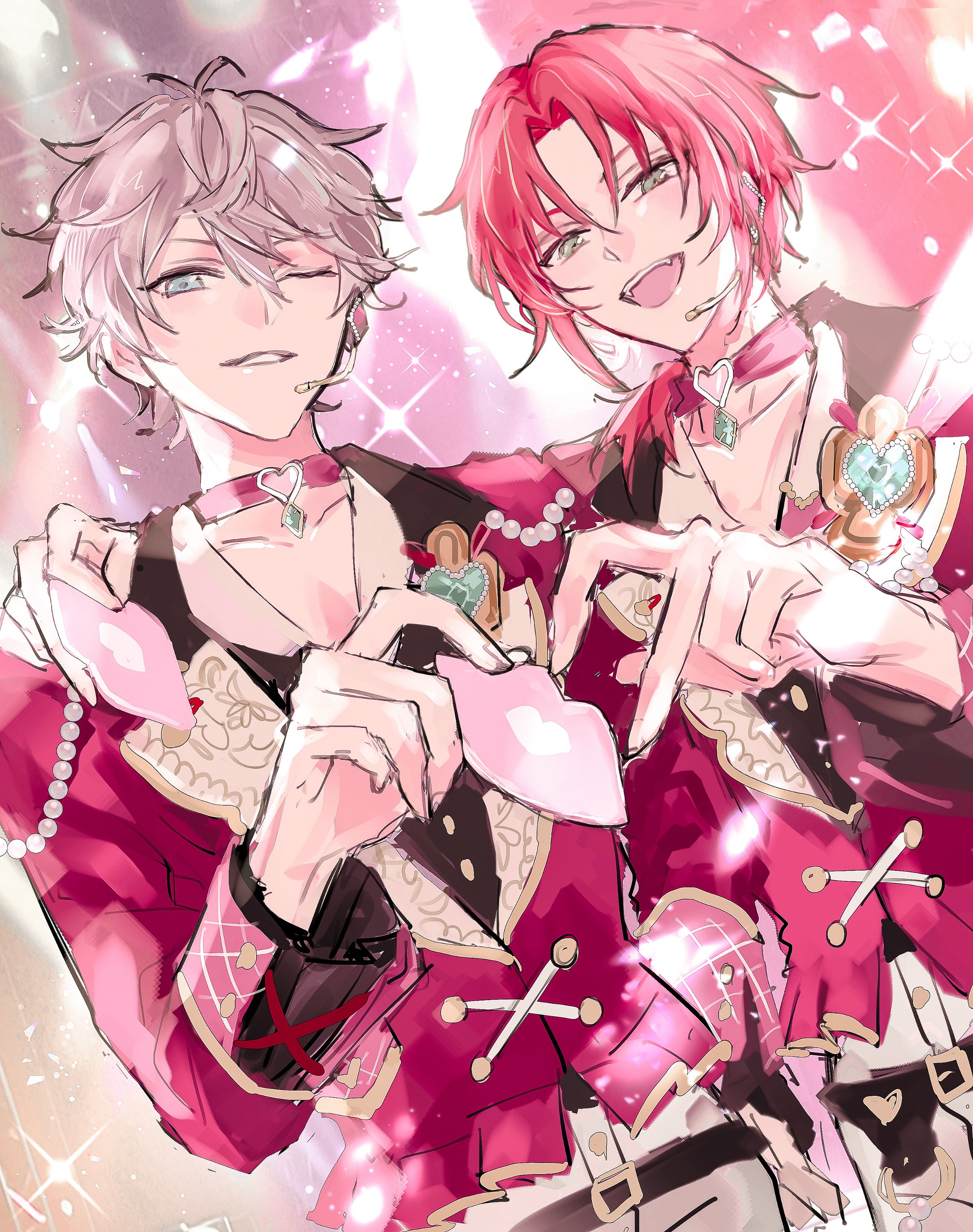 2boys four-finger_heart_hands absurdres arm_on_another's_shoulder blue_eyes brooch choker ensemble_stars! fm6fu4w94 green_eyes grey_hair heart heart_choker heart_hands heart_hands_duo highres jacket jewelry light_particles light_rays looking_at_viewer male_focus medium_hair microphone multiple_boys official_alternate_costume one_eye_closed orange_hair parted_lips pink_choker pink_jacket pink_vest sena_izumi_(ensemble_stars!) short_hair smile stage_lights tsukinaga_leo vest