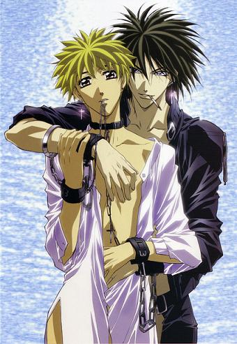 2boys amano_ginji chain collar cuffs earrings getbackers handcuffs jewelry lowres male_focus midou_ban multiple_boys nakajima_atsuko yaoi
