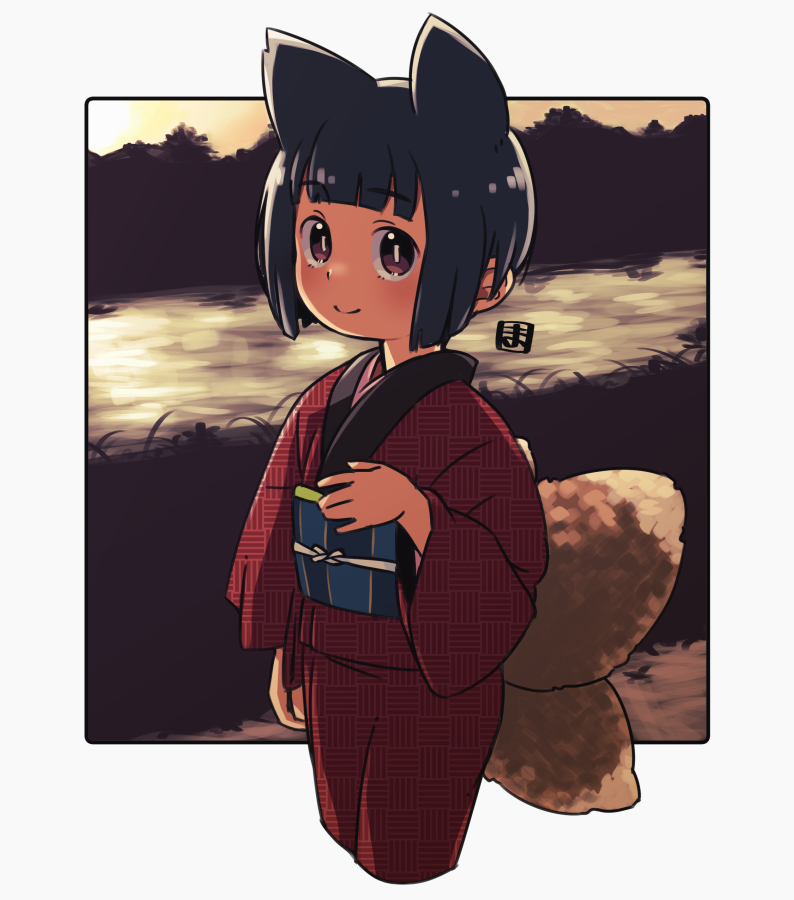 1girl animal_ears black_hair border brown_eyes closed_mouth commentary_request cropped_legs fox_ears fox_girl fox_tail grey_border japanese_clothes kimono kitsune kukuri_(mawaru) long_sleeves looking_at_viewer mawaru_(mawaru) obi original outside_border red_kimono sash short_hair smile solo tail white_border wide_sleeves