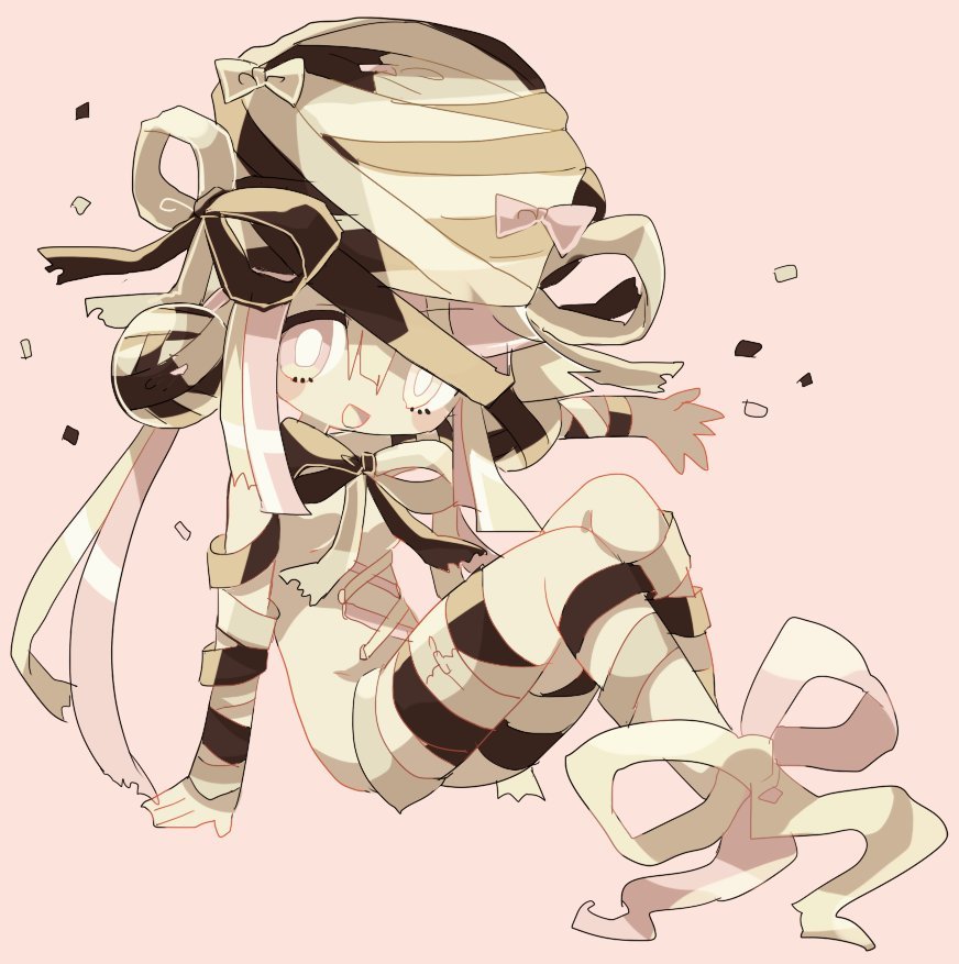 1girl bandages blonde_hair bow breasts bright_pupils commentary_request hair_between_eyes hat hat_bow medium_breasts multiple_hat_bows mummy_costume neck_ribbon no_nose open_mouth original pink_background pink_bow ribbon simple_background sitting smile solo usagi_nui white_pupils yellow_eyes yellow_romper