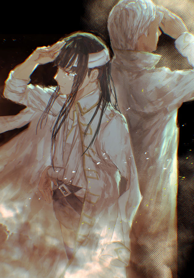 back-to-back bandaged_hand bandages black_hair blunt_bangs broken_arm coat coat_on_shoulders crying crying_with_eyes_open father_and_daughter gintama grey_hair imai_nobume kataruruni long_hair military military_uniform parent_and_child salute sasaki_isaburou sleeves_rolled_up tears