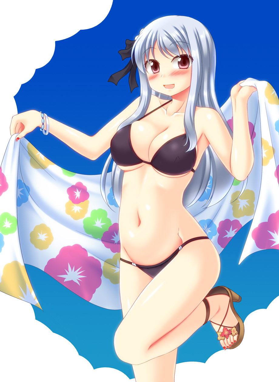 1girl bikini black_bikini blue_sky bracelet breasts cloud cowboy_shot day female_focus floral_print hair_ornament halterneck hidamari_sketch highres jewelry large_breasts long_hair looking_at_viewer matsuri_(hidamari_sketch) open_mouth red_eyes sandals silver_hair sky smile solo standing standing_on_one_leg string_bikini swimsuit towel utomo