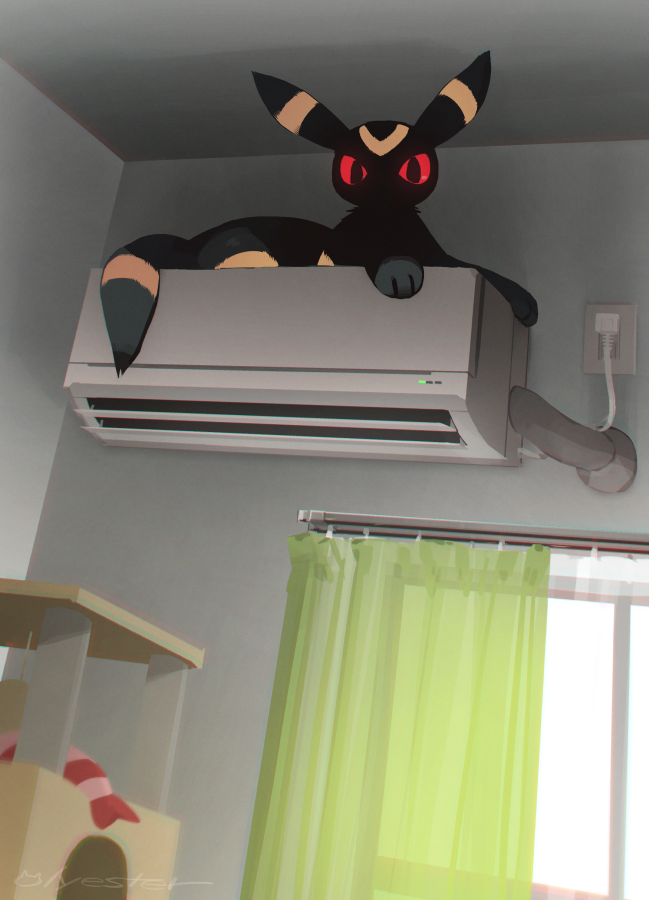 air_conditioner commentary creature curtains english_commentary full_body gen_2_pokemon glowing glowing_eyes indoors looking_at_viewer nintendo no_humans olyester plug pokemon pokemon_(creature) red_eyes signature sitting solo umbreon window