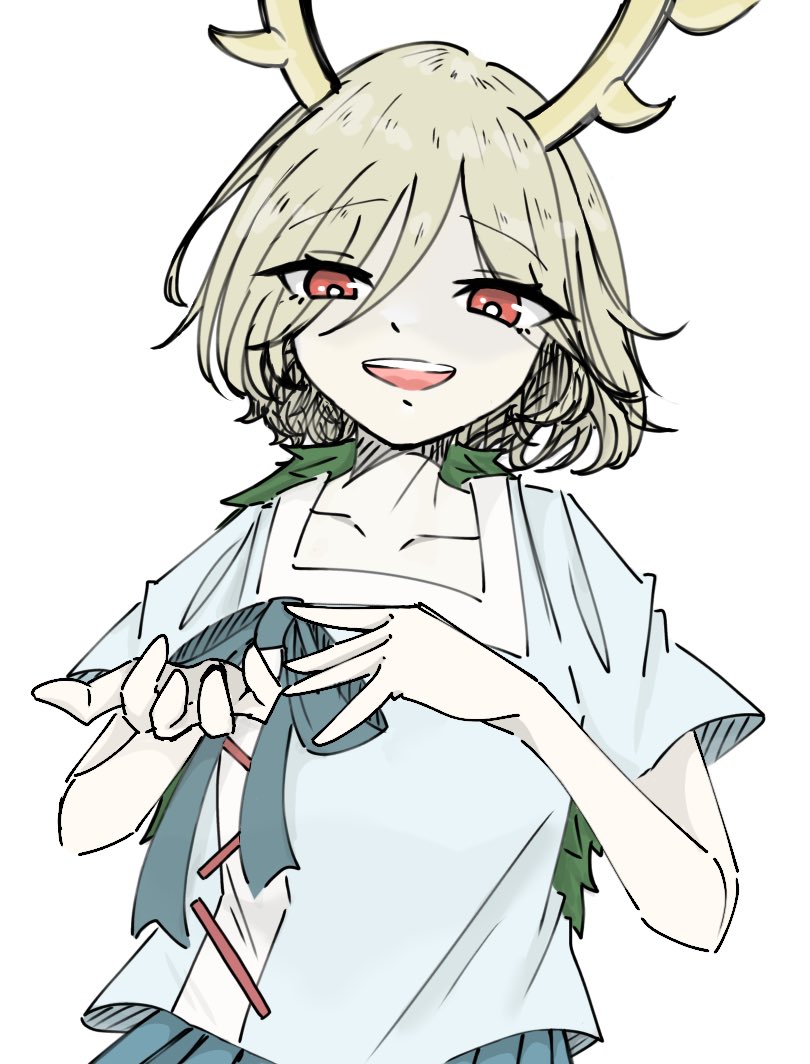1girl 39_mme antlers blonde_hair blue_shirt collarbone dragon_girl dragon_horns green_scales hair_between_eyes horns kicchou_yachie looking_at_viewer monster_girl open_mouth red_eyes scales shirt short_hair short_sleeves simple_background smile solo square_neckline standing touhou turtle_shell upper_body white_background yellow_horns