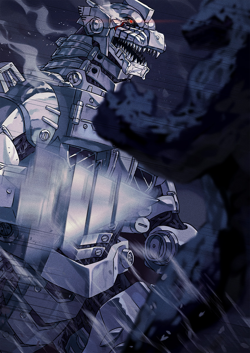 cyborg damaged dinosaur drill drill_hand godzilla godzilla:_tokyo_s.o.s. godzilla_(series) highres injury kaiju kiryu_(godzilla) mecha mechagodzilla motion_blur night no_humans red_eyes robot sharp_teeth smoke spiral_claw teeth toho type-4_anti-beast_drilling_device weapon yagi2013