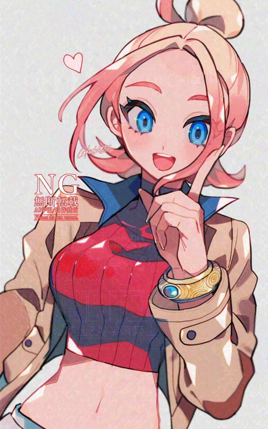 1girl blonde_hair blue_eyes breasts brown_jacket crop_top gradient_hair highres jacket kawasaki_(kwsk_8765) long_sleeves looking_at_viewer midriff multicolored_hair navel nintendo open_clothes open_jacket open_mouth pink_hair pokemon pokemon_legends:_z-a red_shirt ribbed_shirt shirt smile solo taunie_(pokemon) turtleneck
