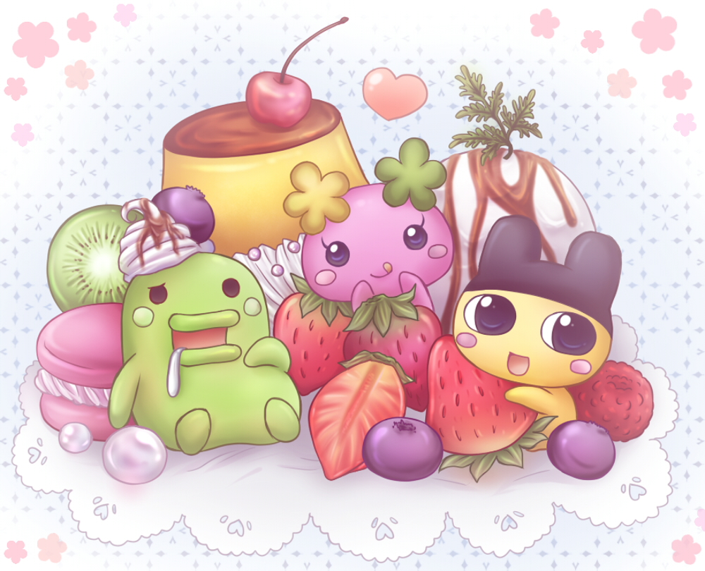 1girl 2boys blueberry blush_stickers cherry chibi chibi_only commentary_request creature creature_focus dessert eyelashes flower flowertchi food fruit gem kiwi_(fruit) kiwi_slice kouta. kuchipatchi leaf looking_at_viewer macaron mametchi mini_person miniboy minigirl multiple_boys oversized_food oversized_object parfait pearl_(gemstone) pudding pudding_a_la_mode sitting smile solid_circle_eyes strawberry strawberry_slice tamagotchi tamagotchi_(creature) tamagotchi_plus