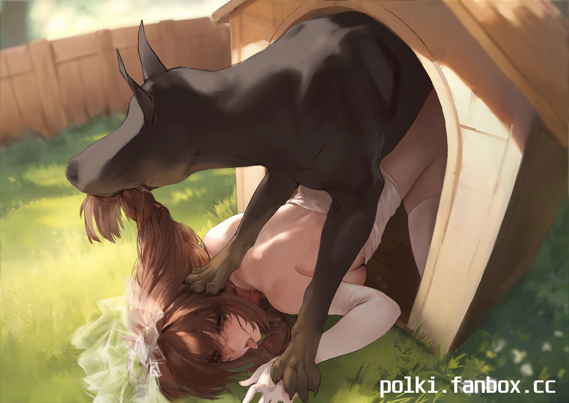 1boy 1girl all_fours belt belt_collar bestiality blurry blurry_background braid braided_ponytail bridal_veil brown_hair collar commentary day dobermann dog elbow_gloves english_commentary fence gloves grabbing_another's_hair grass highres interspecies kennel_(animal) long_hair original outdoors paid_reward_available polki red_belt red_eyes sex sex_from_behind thighhighs tongue tongue_out top-down_bottom-up veil white_gloves white_thighhighs wooden_fence