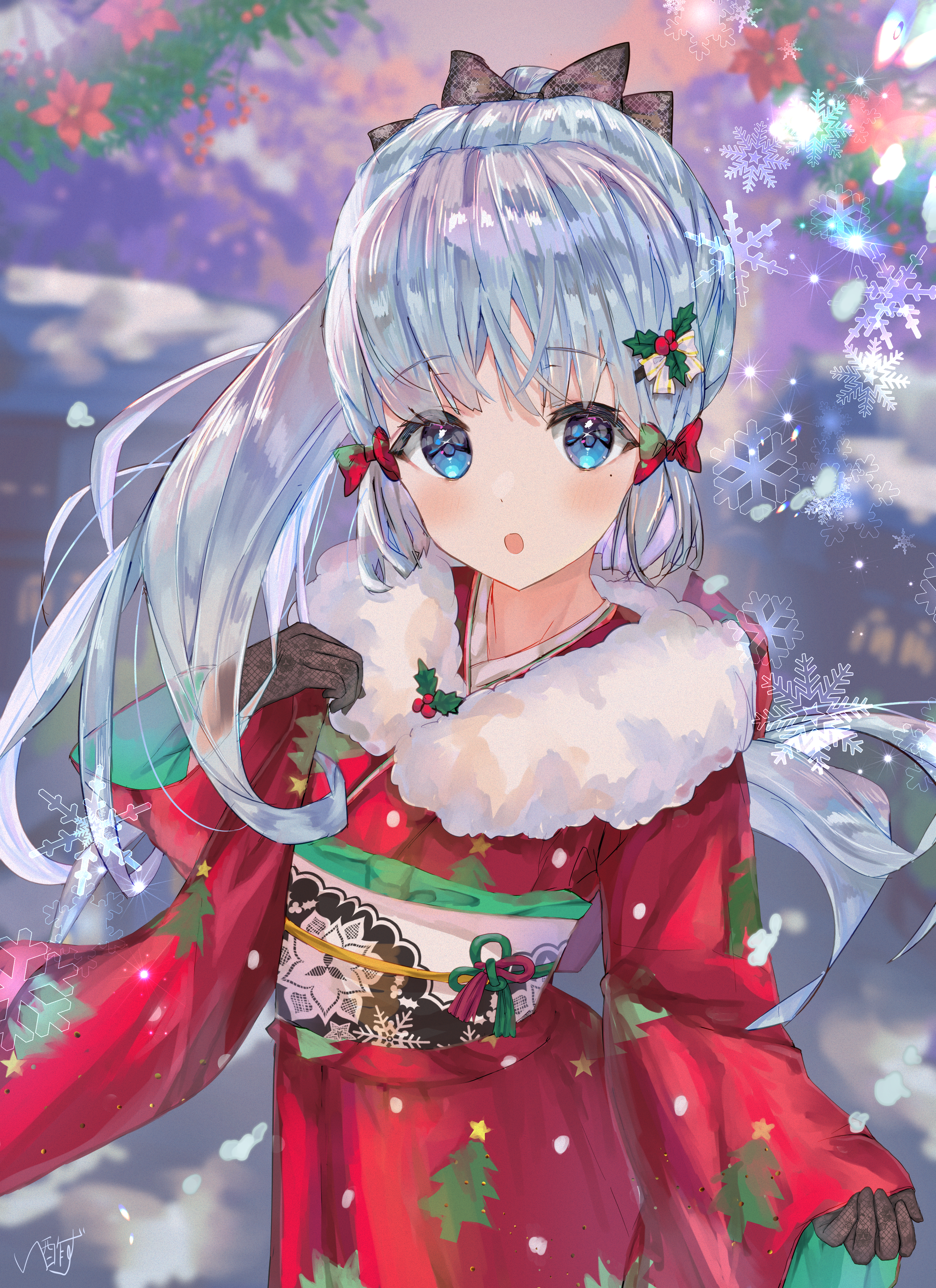 1girl absurdres ayaka_(genshin_impact) black_bow blue_eyes blue_hair blurry blurry_background bow brown_gloves christmas christmas_tree commentary_request floral_print flower fur-trimmed_kimono fur_trim genshin_impact gloves hair_bow hair_flower hair_ornament highres holly holly_hair_ornament isuzu_(an_icy_cat) japanese_clothes kimono long_hair looking_at_viewer open_mouth ponytail red_bow red_kimono sash signature snowflakes snowing standing wide_sleeves