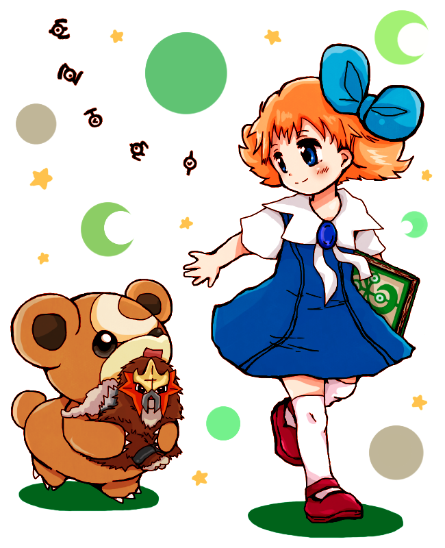 1girl 1other artist_request brown_hair character_doll character_name closed_eyes dress entei eyelashes gen_2_pokemon hair_ornament happy legendary_pokemon looking_back molly_hale nintendo pokemon pokemon_(anime) pokemon_(classic_anime) pokemon_(creature) pokemon_3:_the_movie_-_spell_of_the_unown:_entei short_sleeves teddiursa unown unown_e unown_i unown_n unown_t