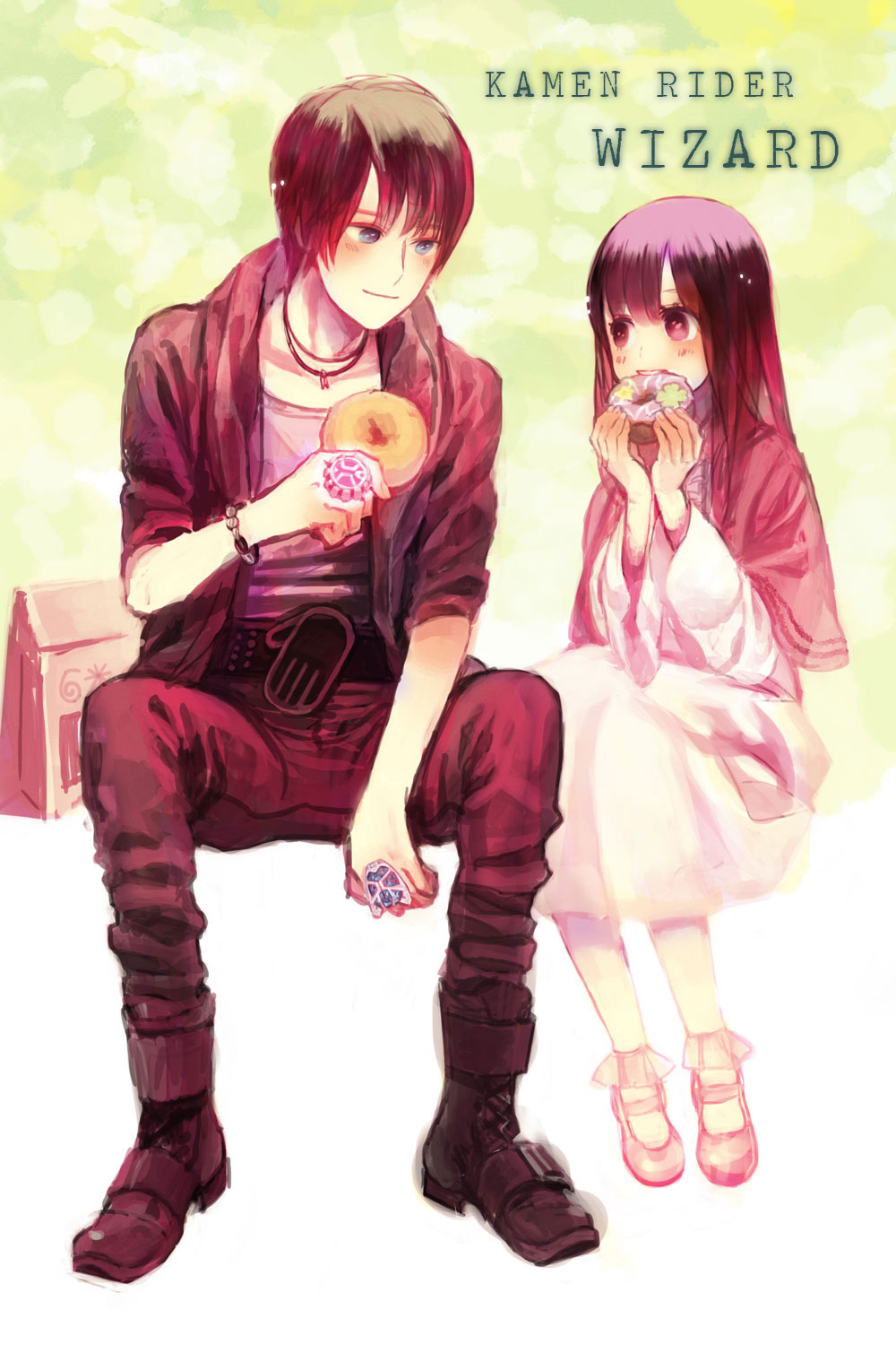 1boy 1girl 48sphere belt black_hair boots brown_hair capelet donut eating food grey_eyes highres jacket jewelry kamen_rider kamen_rider_wizard_(series) koyomi_(kamen_rider_wizard) long_hair mary_janes neckerchief red_eyes ring shoes smile souma_haruto