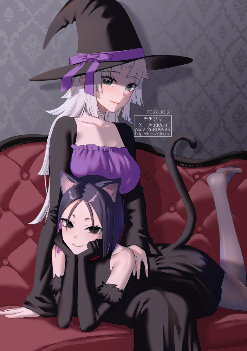 2girls animal_ears bare_shoulders black_dress black_eyes black_gloves black_hat breasts cat_ears cat_tail dress elbow_gloves fate/samurai_remnant fate_(series) gloves green_eyes hat highres long_hair looking_at_viewer medium_breasts multiple_girls pantyhose parted_bangs purple_hair short_hair sidelocks smile tail titiduki_(manman-ya) ushi_gozen_(fate) white_hair witch_hat yui_shousetsu_(fate)