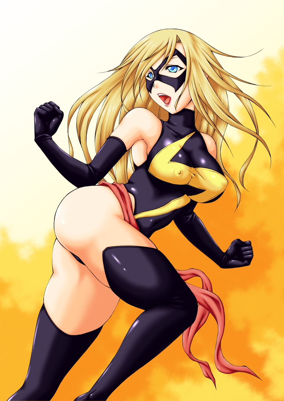 1girl akutanoe animification bare_shoulders black_thighhighs blonde_hair blue_eyes boots breasts carol_danvers covered_erect_nipples elbow_gloves female_focus gloves highres leotard lipstick long_hair makeup marvel mask medium_breasts ms._marvel ms_marvel open_mouth sash solo thigh_boots thighhighs yellow_background