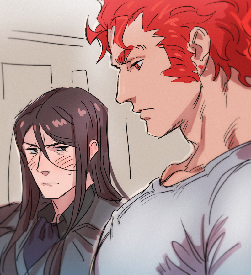2boys bara black_hair black_shirt blush closed_mouth collared_shirt fate_(series) from_side girl_staring_at_guy&#039;s_chest_(meme) iskandar_(fate) jeje_(pixiv12541114) large_pectorals long_hair looking_at_another looking_at_pectorals lord_el-melloi_ii lord_el-melloi_ii_case_files male_focus meme multiple_boys muscle_envy muscular muscular_male pectoral_focus pectorals red_hair shirt short_hair sideburns waver_velvet white_shirt yaoi