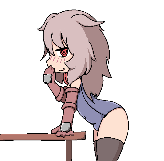 1boy bad_source black_thighhighs blush drawfag gloves grey_hair heart light_brown_hair long_hair looking_at_viewer nise-rabi red_eyes red_gloves sequel_(series) sequel_blight smile swimsuit table thighhighs trap